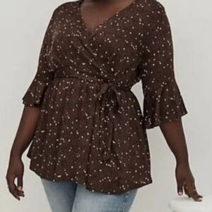 torrid Brown Printed Wrap-Front Peplum Top